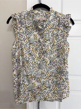LOFT Cream Floral Print Ruffle Cap-Sleeve Blouse